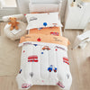4 Pieces Toddler Bedding Set for Baby Girls and Boys, Cute Car and Tree Print on White, Includes Comforter, Flat Sheet, Fitted S