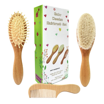 Molylove 3 Piece Baby Hair Brush And Comb Set For Newborn & Toddlers- Natural Wooden Hairbrush With Soft Goat Bristles For Cradl
