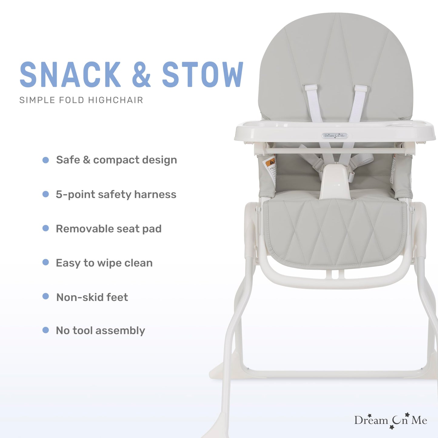 Dream On Me Snack And Stow Baby High Chair In Koala Gray, Easy To Fold And Store Travel High Chair, Removable And Three Position