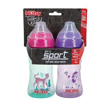 Nuby 2 Pack No Spill Printed Thirsty Kids No-Spill Sip-It Sport Cup With Soft Spout And Lid - 12Oz, 12+ Months, 2 Pack, Dog/Leop