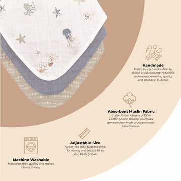 Crane Baby Bib Set, 100% Cotton Baby Bibs, Set Of 3 Sea Life Cotton Muslin Bibs, Bandana Bibs Baby Bibs For Eating, Baby Eating