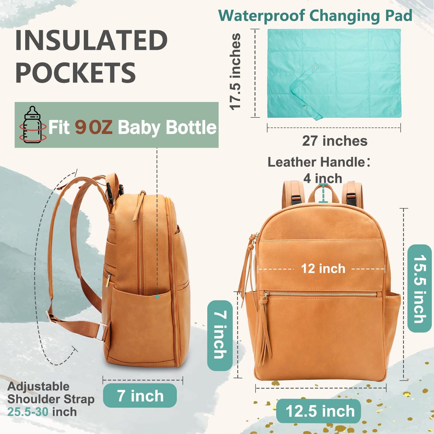 Mominside Diaper Bag Backpack With 6 Insulated Pockets, Leather Baby Bag For Mom Dad, Baby Registry, 18 Pockets, Changing Pad, S