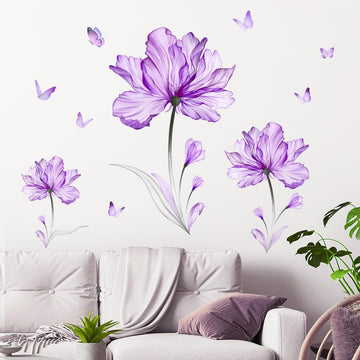 Purple Flower Butterfly Wall Stickers Removable Peel And Stick Murals Wall Decals For Living Room Bedroom Door Aisle Sofa Tv Bac
