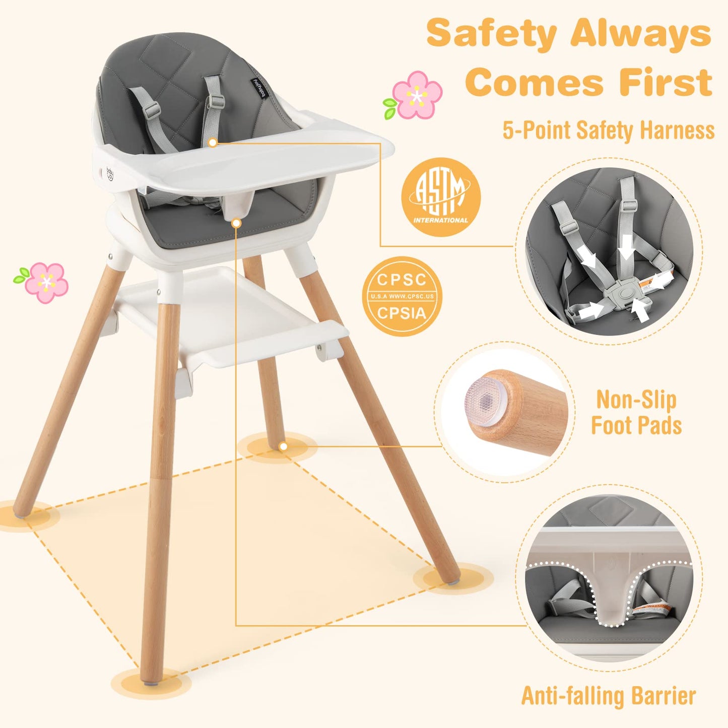 Baby Joy Baby High Chair, 6 In 1 Convertible Wooden High Chair For Babies & Toddlers With Adjustable Legs, Double Removable Tray