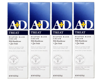 A+D Zinc Oxide Diaper Rash Treatment Cream, Dimenthicone 1%, Zinc Oxide 10%, Easy Spreading Baby Skin Care, 4 Ounce Tube (Pack O