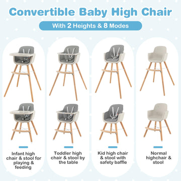 Honey Joy High Chair, 3-In-1 Eat & Grow Wooden Highchair/Toddler Chair With Removable Tray, 5-Point Harness, Pu Cushion And Foot