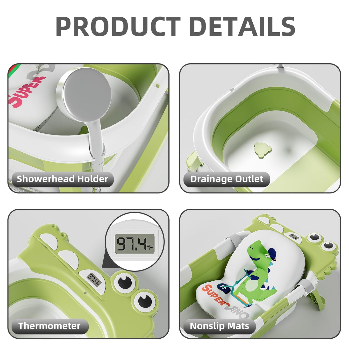 Alligator Collapsible Baby Bathtub For Newborn With Thermometer & 1 Soft Floating Cushion & Drain Hole, Foldable & Portable Trav