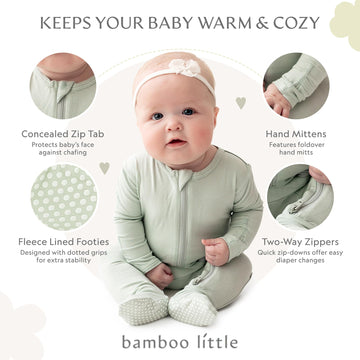 Soft Bamboo Viscose Footies, 2-Way Zipper, Unisex, 0-3 Months, Sage, 95% Viscose Made From Bamboo, 5% Spandex - Imported