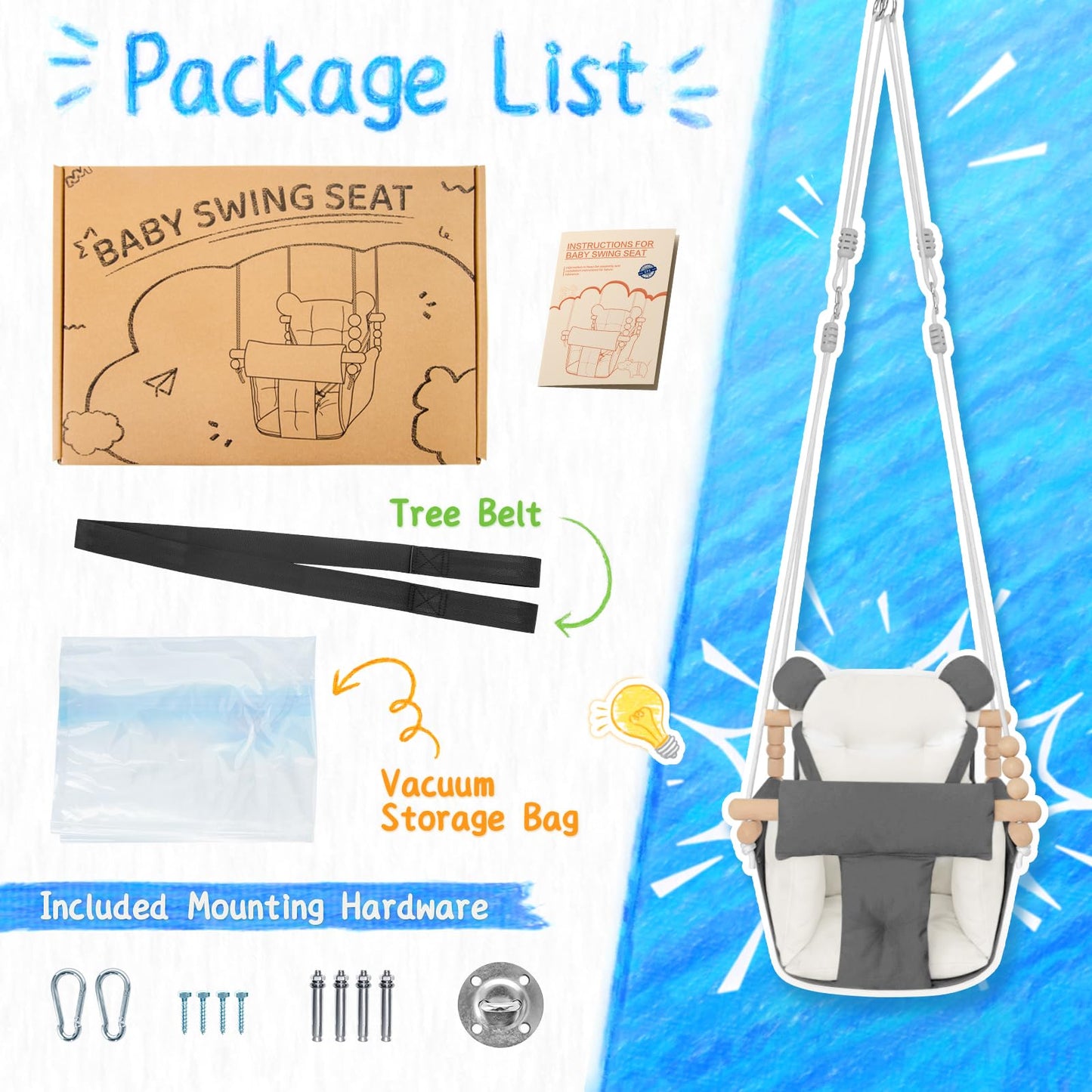 Baby Swing Indoor Outdoor, Secure Canvas Seat For Infant Toddler, Wooden Hanging With 3-Point Adjustable Safety Harness, Mountin