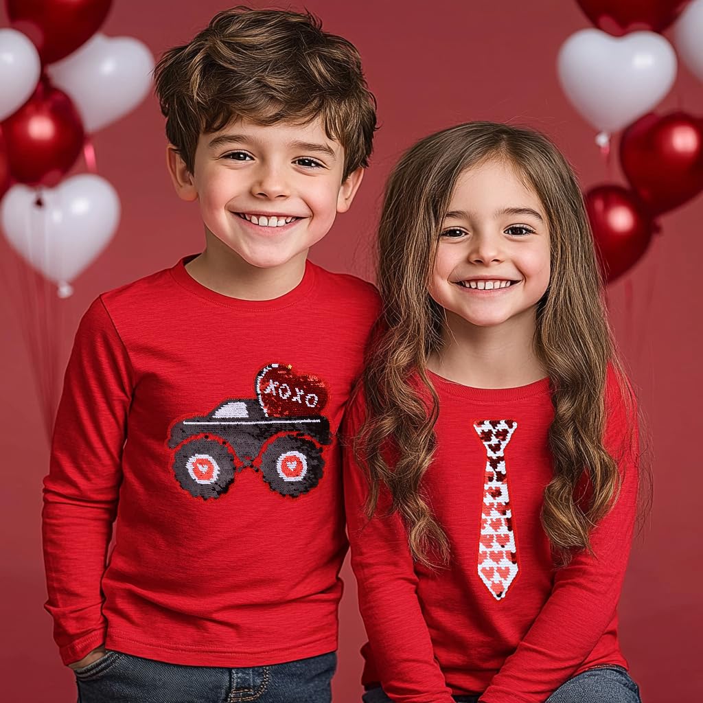 Kids Boys T-Shirt Valentines Flip Sequin Heart Shirt Monster Truck Love Tops Long Sleeve Toddler Baby Tees 3T