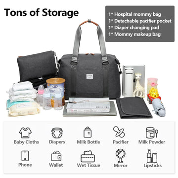 Large Diaper Bag Tote With Changing Pad And Cosmetic Bag,Mommy Bag For Hospital And Travel