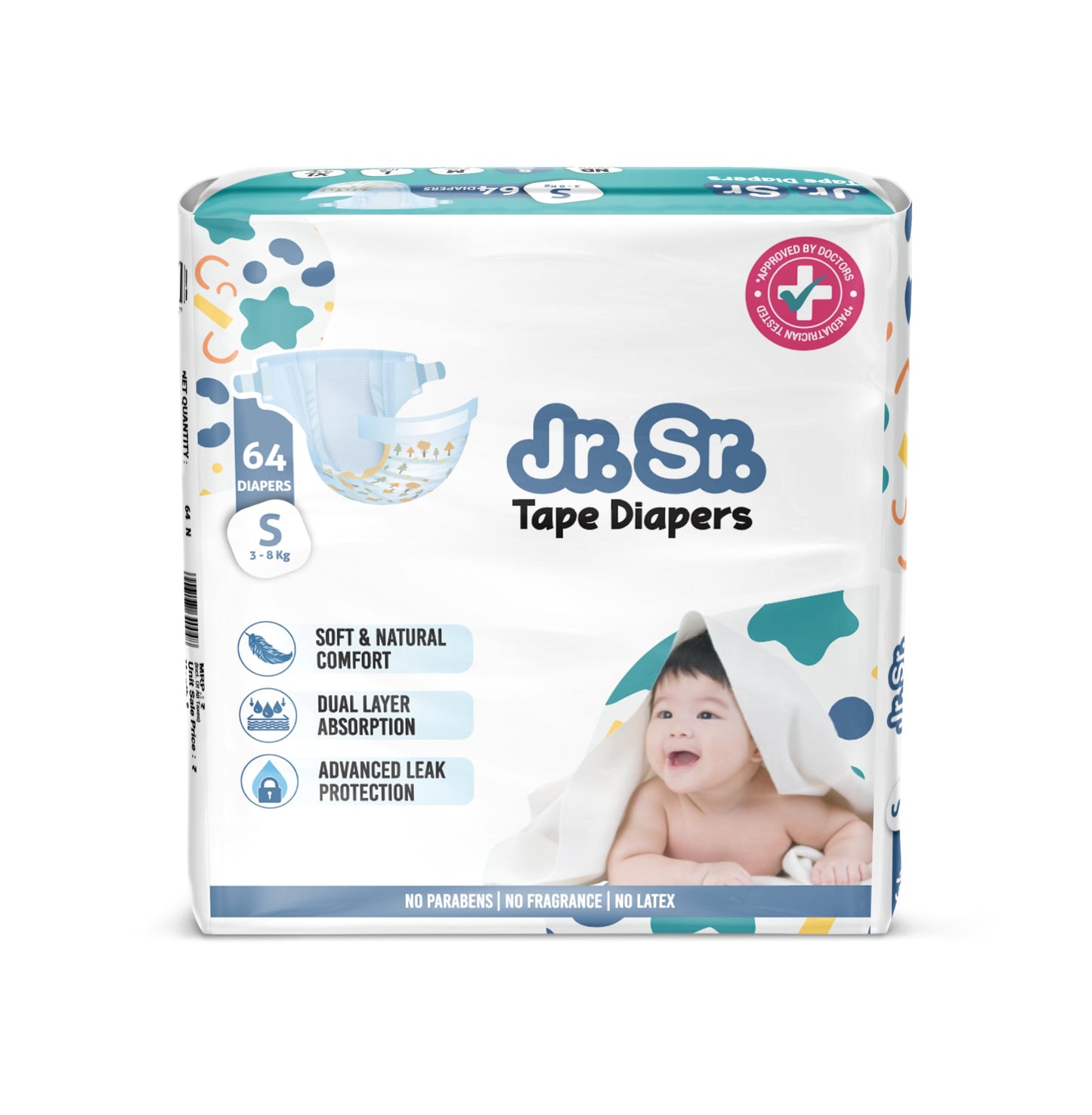 Jr. Sr. Baby Tape Style Diaper | Adjustable Fit For Babies | Small (S) Size (38 Kg), 64 Count | Pack Of 1 | Upto 12 Hr Absorpti