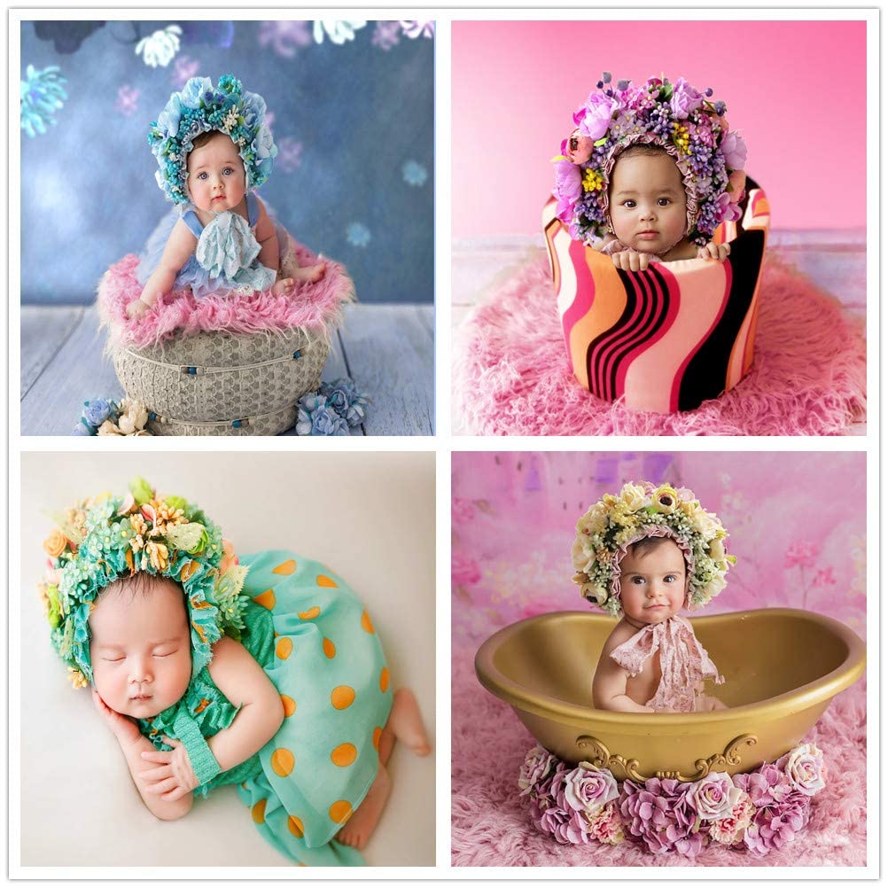 Vemonllas Newborn Photography Props Boys Girls Floral Sitter Hat Baby Photo Props Flowers Bonnet (Purple)