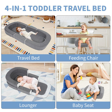 Mooitz Portable Travel Toddler Bed, 4-In-1 Convertible To Sofa Chair, Kid Feeding Seat And Lounger, Foldable Floor Bed For Outdo