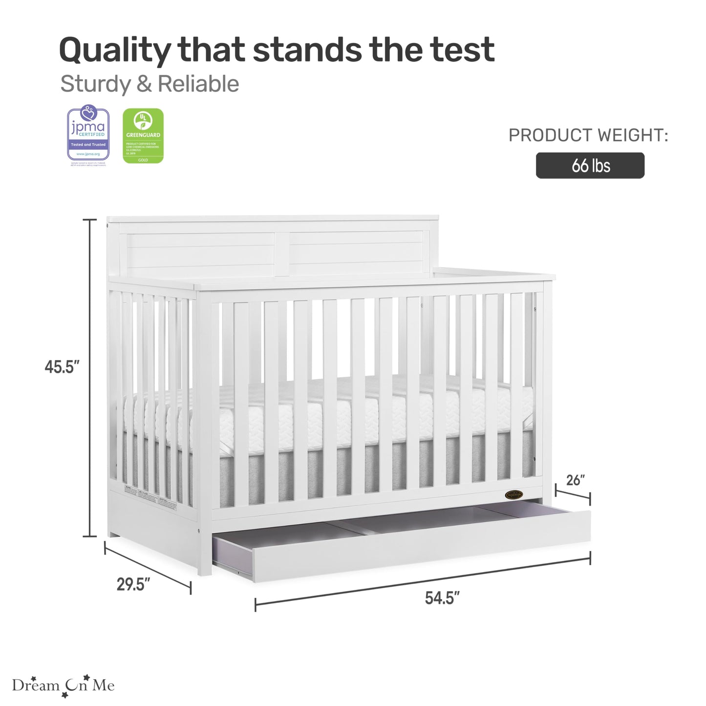 Dream On Me Jpma & Greenguard Gold Certified Reign 5 In 1 Convertible Crib With Under Drawer In White, Made Of Sustainable Pinew