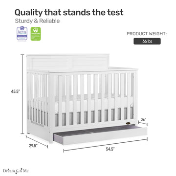 Dream On Me Jpma & Greenguard Gold Certified Reign 5 In 1 Convertible Crib With Under Drawer In White, Made Of Sustainable Pinew