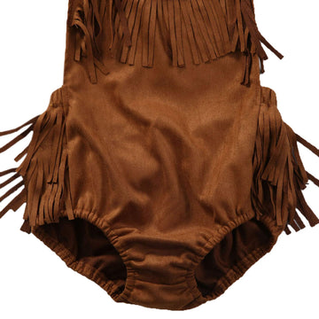 Infant Baby Girl Fringe Faux Suede Romper - Western Style Halter Sunsuit, Adjustable Straps (Brown, 3-6 Months)