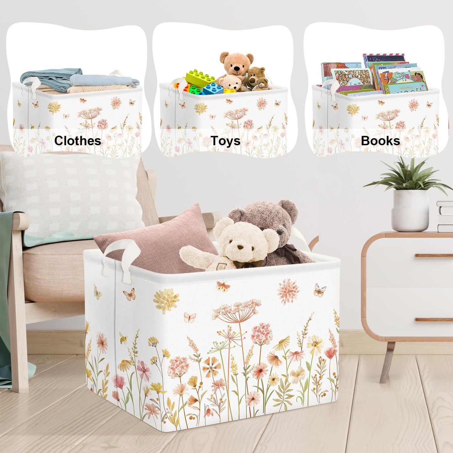 Clastyle Boho Flower Nursery Basket Fall Wildflower Floral Dandelion Storage Bin Plant Butterfly Baby Girl Gift Basket Rectangle