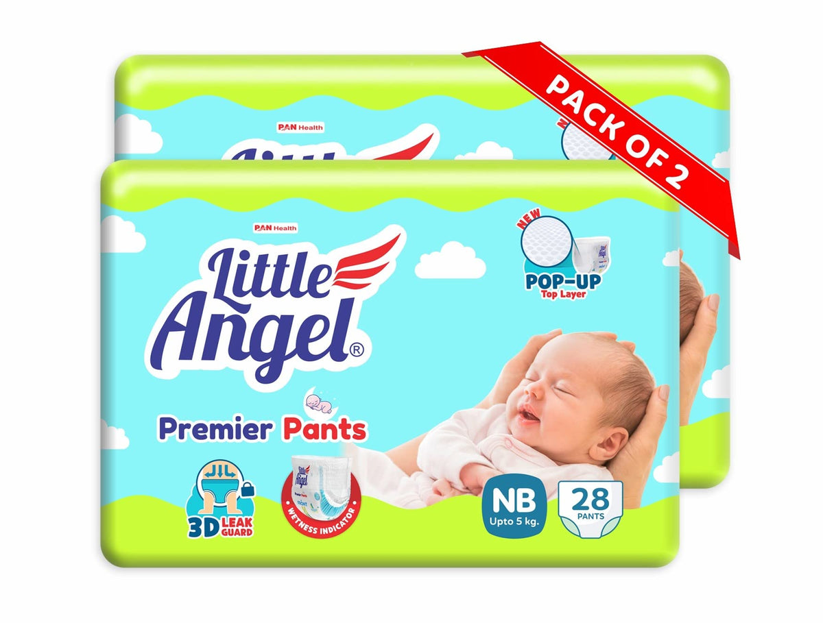Little Angel Premier Pants Baby Diaper, New Born (Nb/Xs) Size, 56 Count, Cottony Soft Material, Wetness Indicator, Breathable La