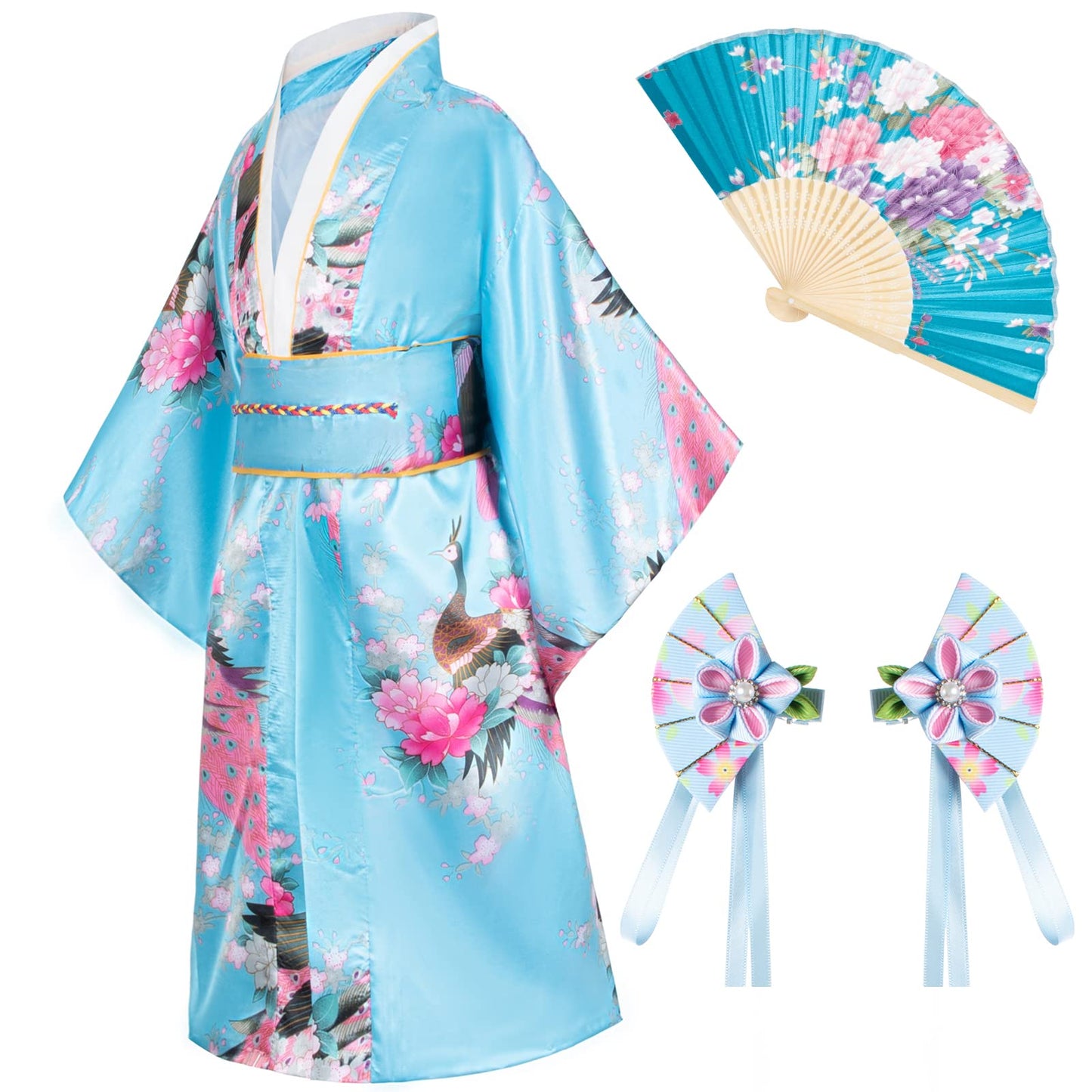 Elibelle Japanese Traditional Dress Kimono Robe For Kids Girls Costume Silk Folding Fans Hairstick Set(Skyblue120Cm)