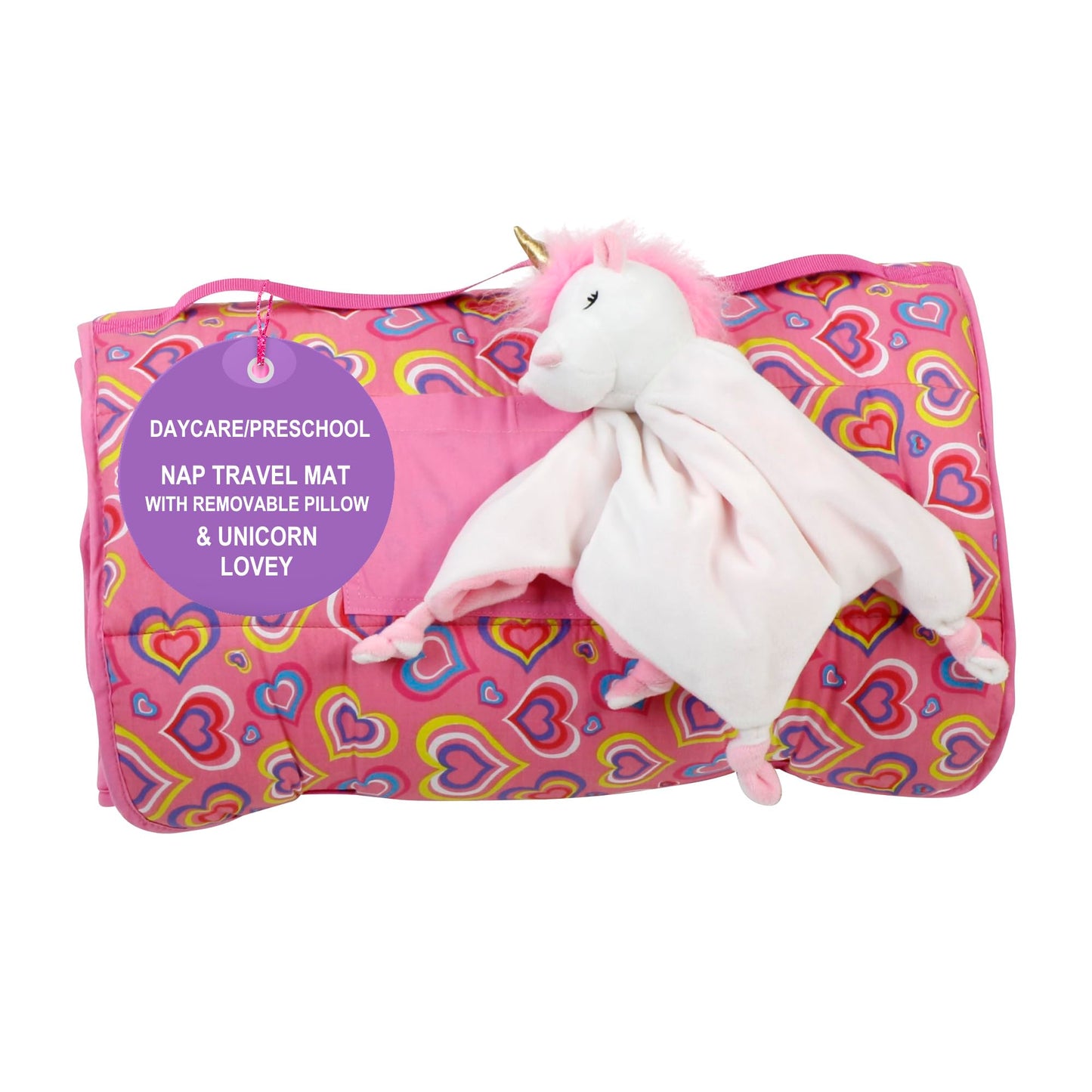 Emily Rose Rollup Toddler Kids Sleeping Nap Cot Mat | Removable Pillow & Unicorn Lovey Included | 100% Cotton For Daycare, Presc