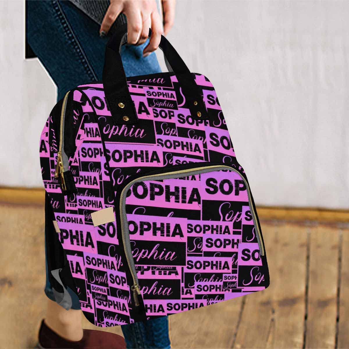 Artsadd Personalized Name Nappy Bag Large Capacity Baby Diaper Bags, Black Purple Signature Daypack Custom Name Backpack Casual