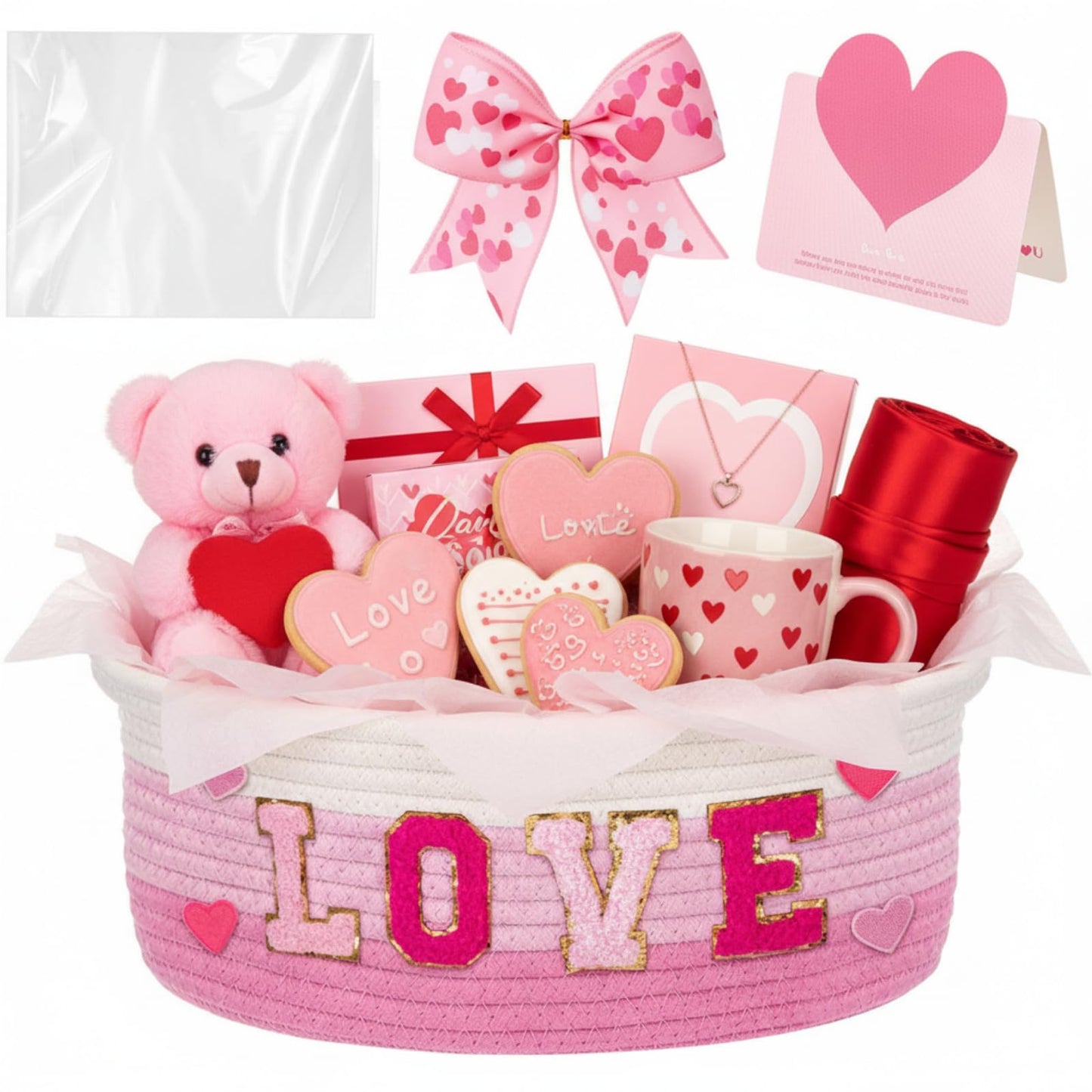 Colingmill Valentine Day Small Woven Basket, Empty Gift Basket with Gift Bag Bow and Greeting Card,Tissue Paper and Love Alphabe