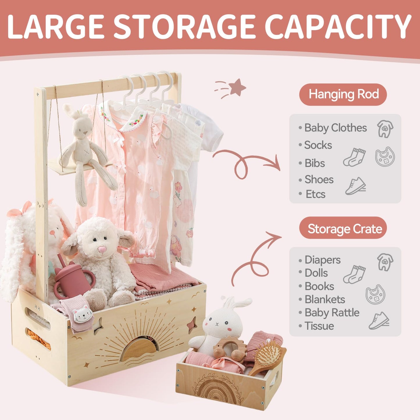 Wooden Baby Shower Crate Closet Set With 10 Hangers, Baby Clothing Rack,Shower Party Basket With Handle And Swing, Large Capacit