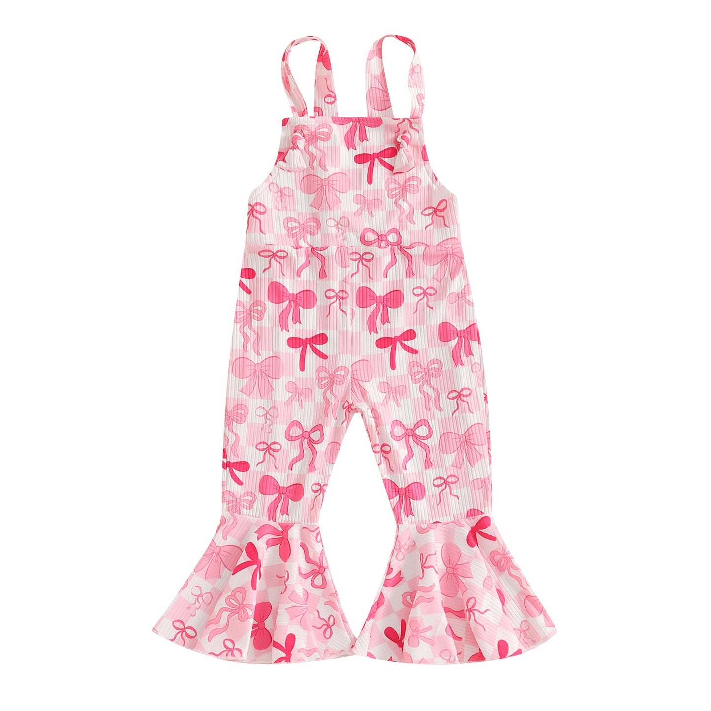 YOKJZJD Toddler Baby Girl Outfit Bow Print Suspender Romper Jumpsuit Overalls Bell Bottom Pants Fall Clothes (Pink, 18-24 Months