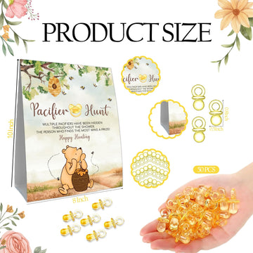 Guawubiang Winnie Mini Pacifiers Baby Shower Game, Pacifiers Hunt Sign, Classic Pooh Baby Shower Game Set, 50Pcs Yellow Mini Pac