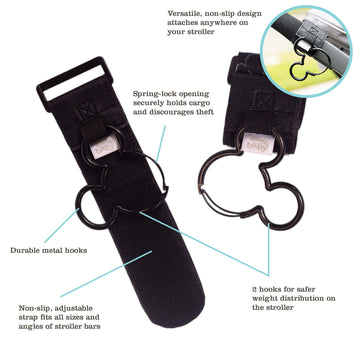 Disney Baby By J.L. Childress Mickey Mouse Stroller Hooks - Universal Stroller Clips With Non-Slip Straps - Durable Carabiners T
