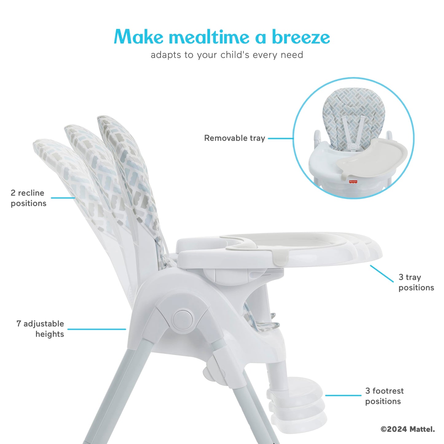 Fisher-Price Tiny Bites High Chair, 7 Adjustable Height Positions, Easy Quick Fold, Lightweight, Easy To Clean, Portable, Cloud