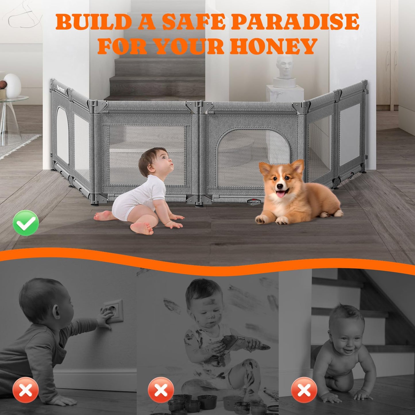 Portable Playpen For Babies And Toddlers With Foldable Adjustable Shape & Size, 21 Square Feet, Baby Fence