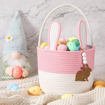 Silifine Easter Baskets Easter Bunny Basket With Name Tag Rabbit Ear Basket Rustic Woven Round Blanket Storage For Kid Candy Gif