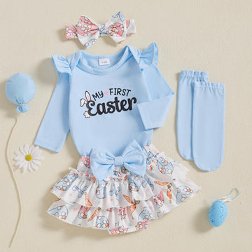Beqeuewll Newborn Baby Girl Easter Outfit Bunny Clothes Long Sleeve Romper+Bloomers Tutu Skirt+Socks+Headband 4Pcs (First Easter
