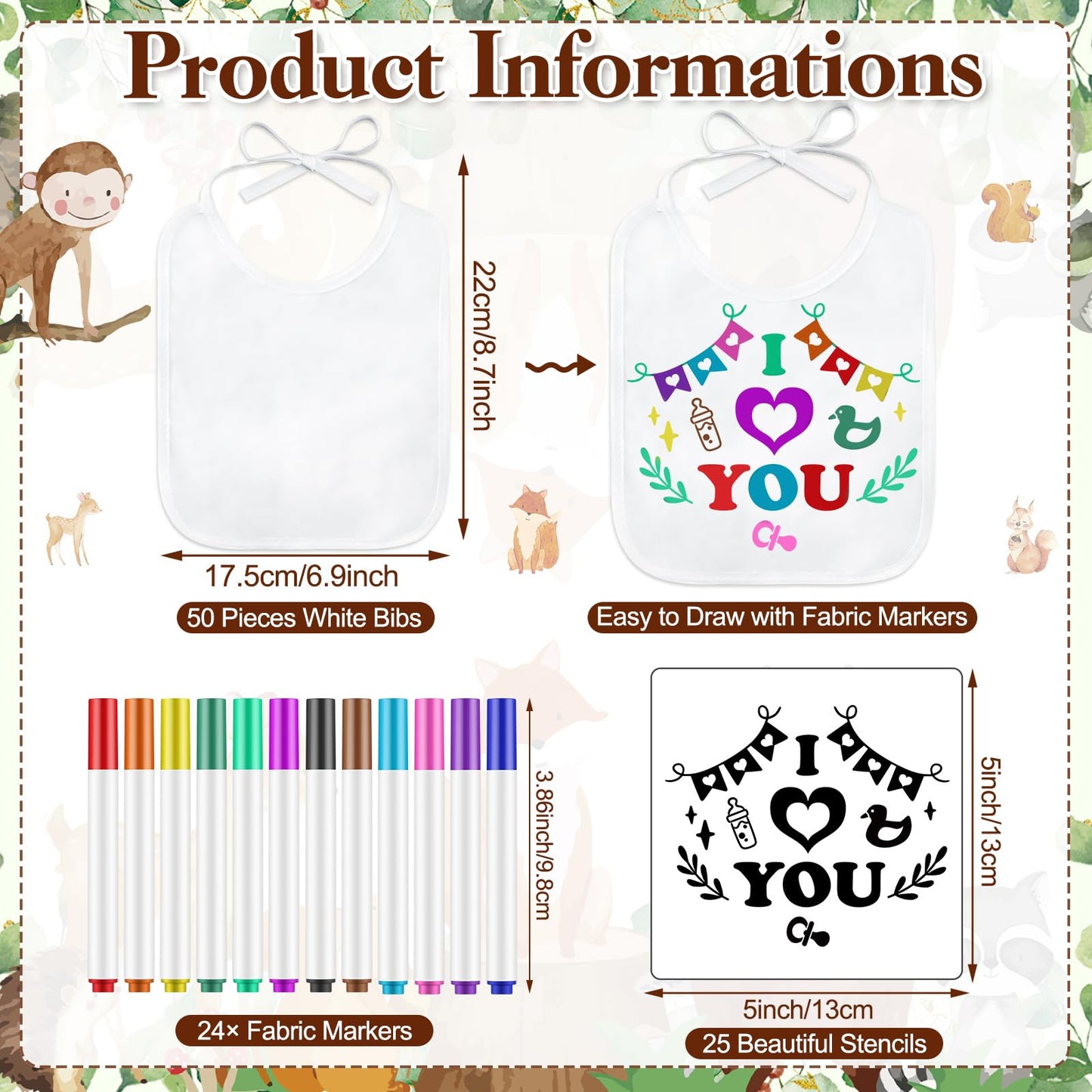 Panitay 100 Pcs Diy Baby Bibs Decorating Kit 50 White Bibs 25 Stencils 24 Fabric Markers 1 Baby Shower Game Sign(Land Animal)