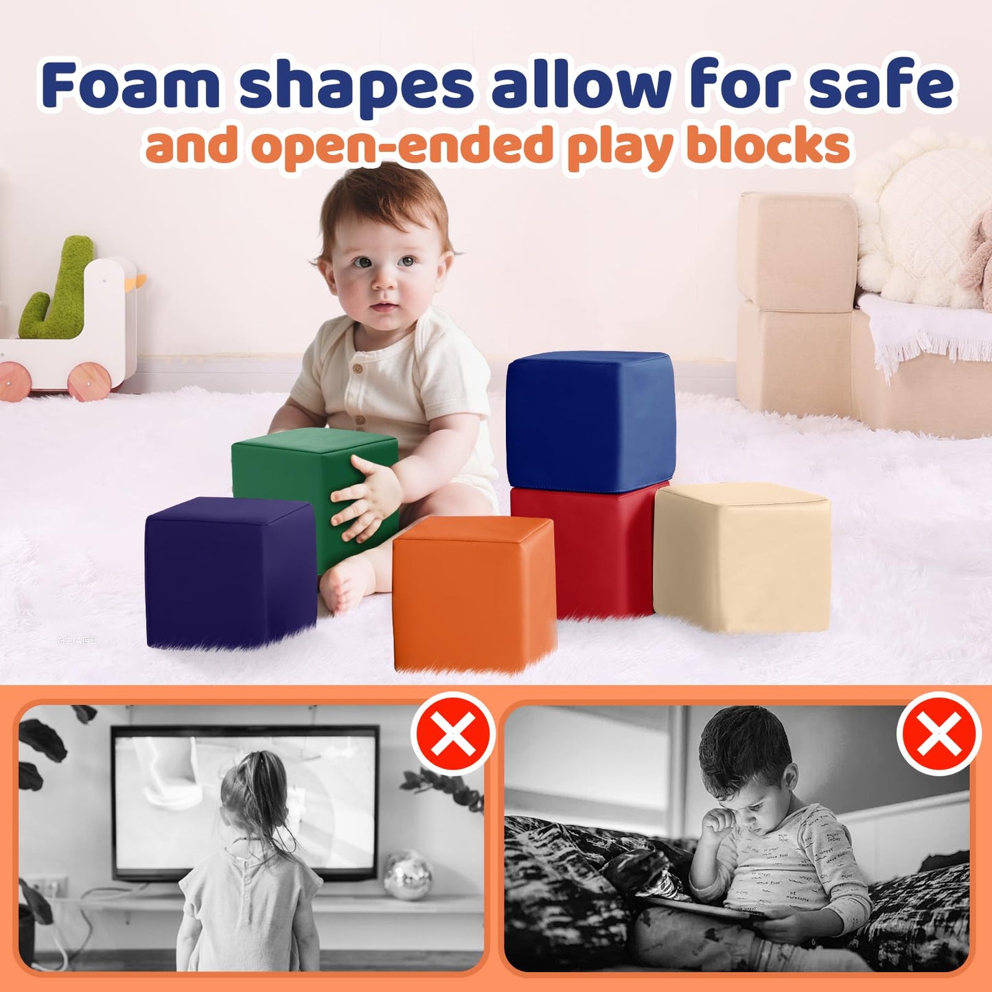 Foam Building Toys for Toddlers: 6Pcs Waterproof PU Leather Soft Foam Blocks - Colorful Large Stacking Blocks - Early Learning C