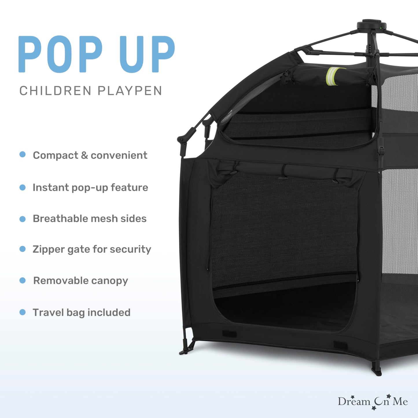 Dream On Me Pop Up Children Playpen In Noir Black, Easy Set Up Playpen For Babies And Toddlers, Breathable Mesh Sides, One Hand