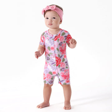 Gerber Unisex Baby Buttery Soft Short Sleeve Romper With Viscose Made From Eucalyptus, Lilac Garden, 12 Months