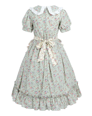 Nuoqi Prairie Dresses For Girls, Green Laura Ingalls Wilder Costume Pioneer Colonial Dress With Yellow Apron, 4-5