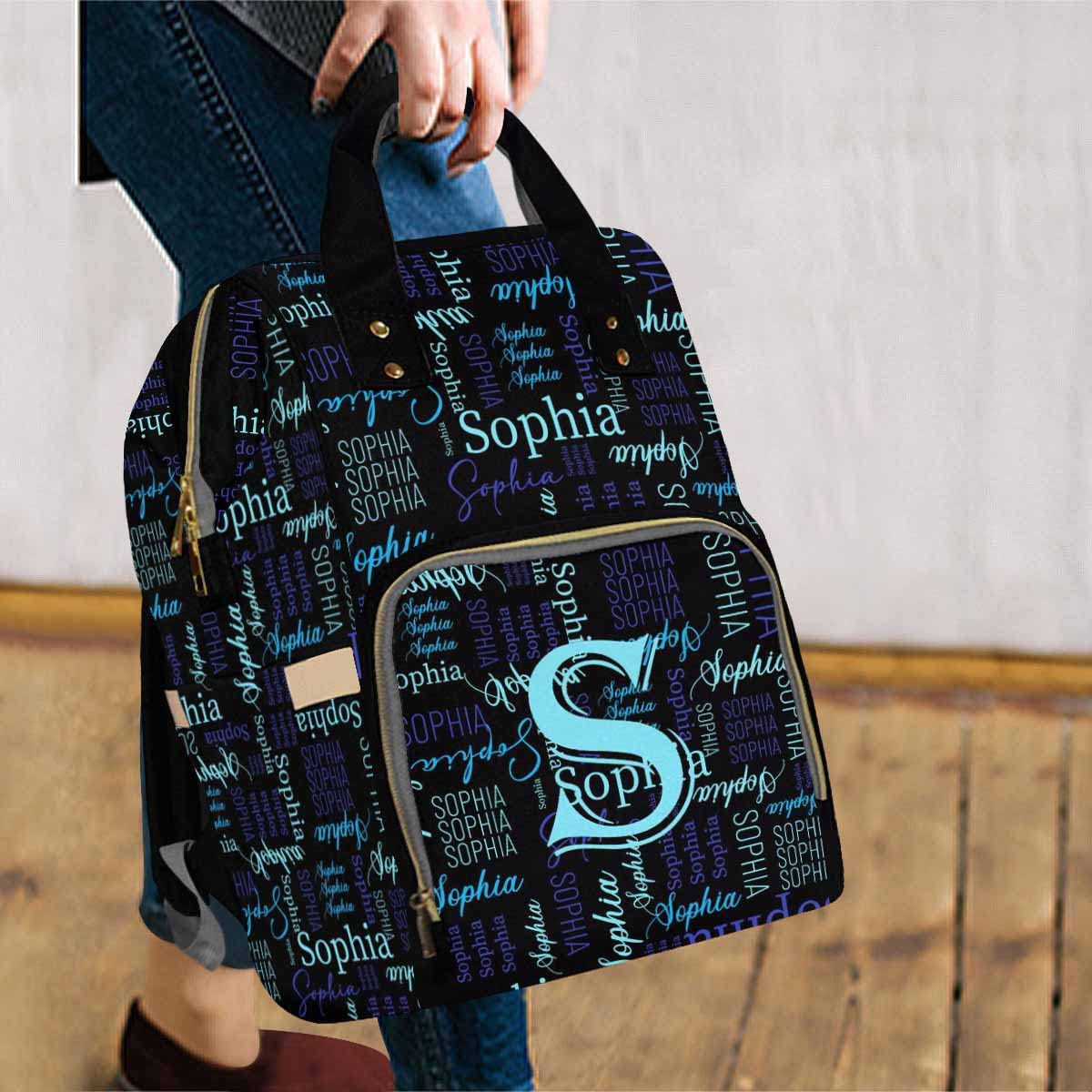 Artsadd Custom Monogram Baby Backpack For Mom Gifts, Personalized Blue And Black Diaper Backpack With Stroller Straps Large Capa