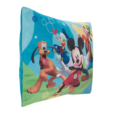 Disney Mickey Mouse Blue, Red, And Green, Donald Duck, Pluto, And Goofy Fun Starts Here Decorative Throw Pillow