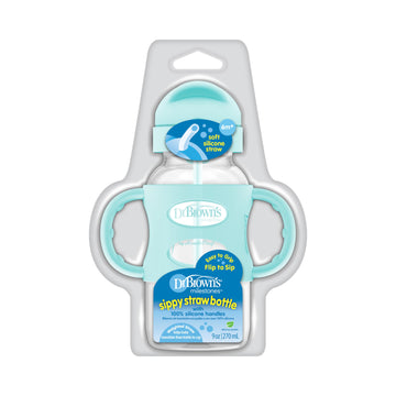 Dr. Brown'S Milestones Wide-Neck Sippy Straw Bottle With 100% Silicone Handles And Weighted Straw, 9 Oz/270 Ml, Green, 6M+