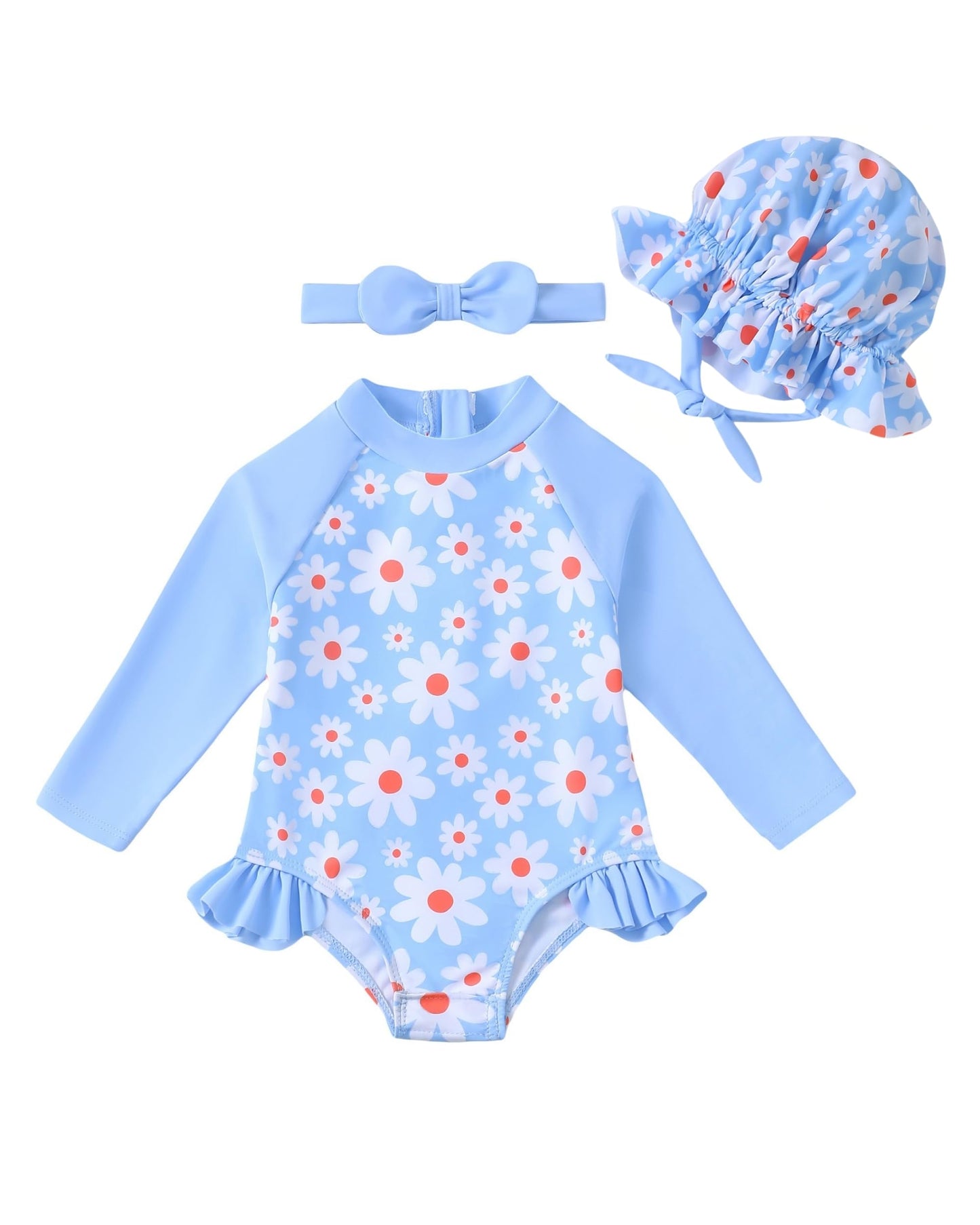 SODLON Baby Girl Swimsuit 6-9 Months 9-12 Month Girls Long Sleeve Bathing Suit Ruffle Rash Guard Light Blue Daisy One-Piece Infa
