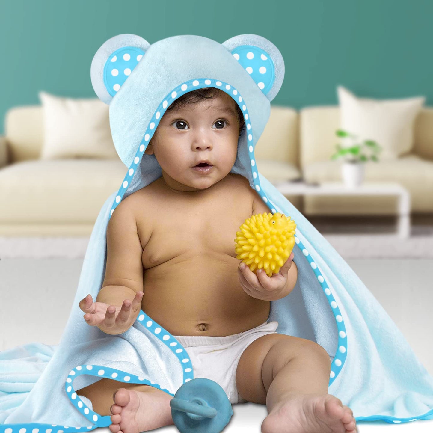 Elsvin Set Of 2 Hooded Baby Towels - White And Blue - Luxurious, Large And Super Absorbent - 30 X 30 Inch - Soft And Suitable Fo