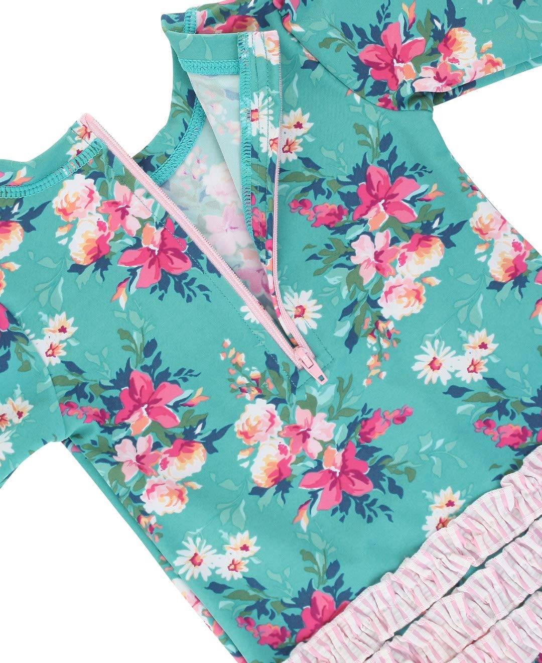 Rufflebutts Baby Girls Upf 50+ Sun Protection Floral Printed Long Sleeve One Piece Rash Guard Swimsuit With Zipper - Fancy Me Fl