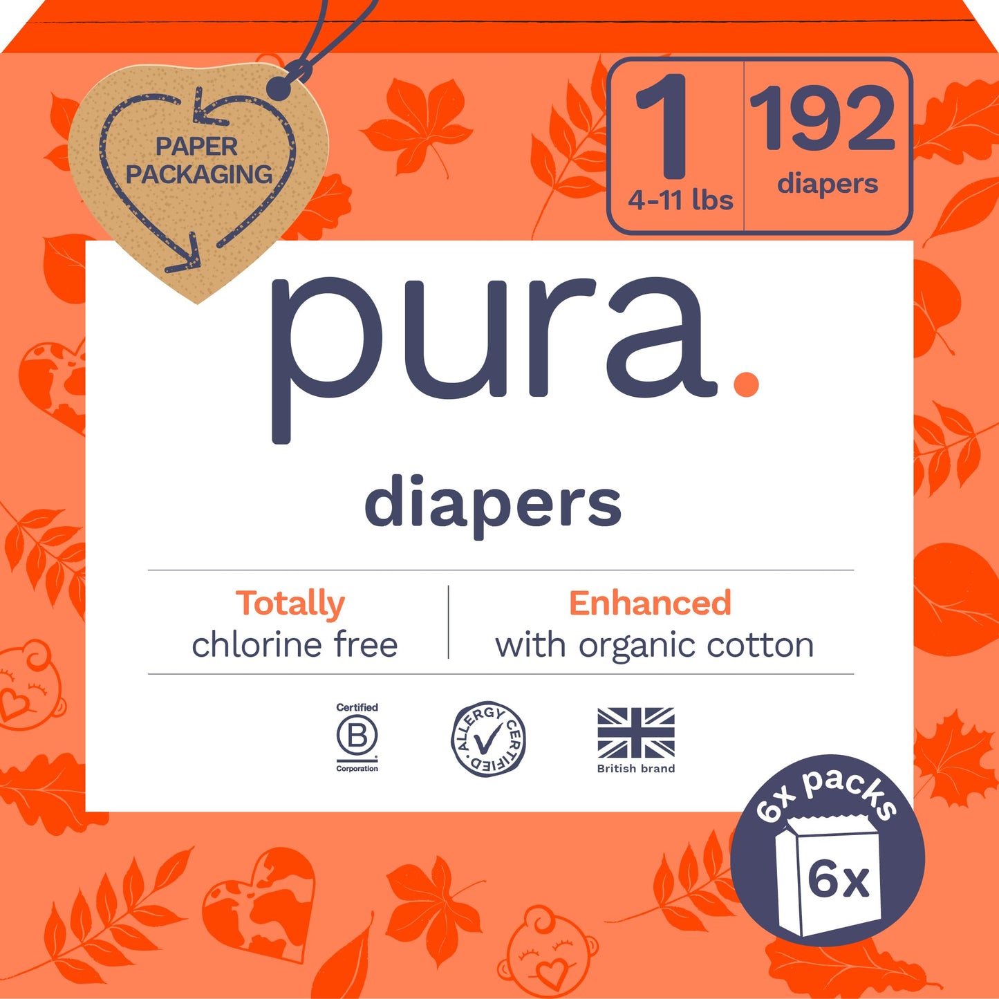 Pura Hypoallergenic Diapers, Size 1 (4-11 lbs), Monthly Pack, Totally Chlorine Free, Wetness Indicator, Suitable for Sensitive S