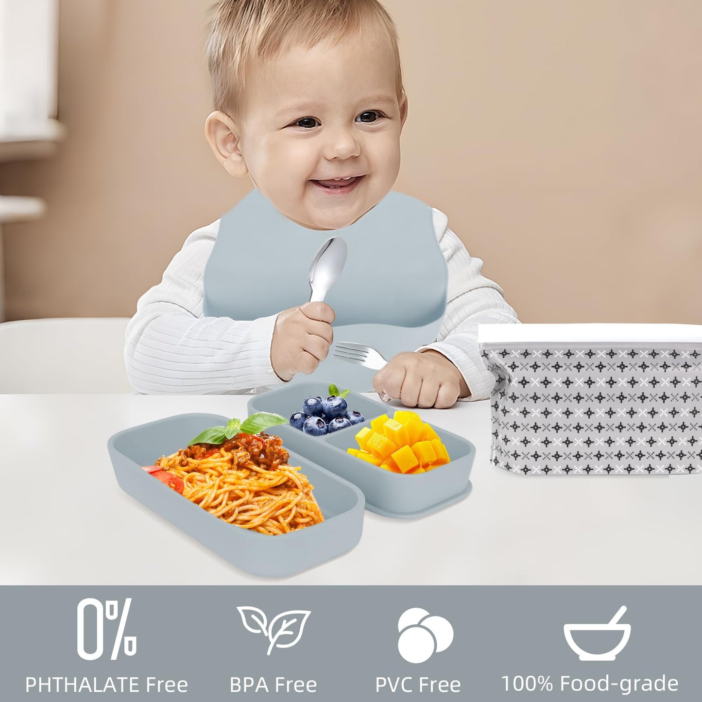 Travel Silicone Baby Feeding Set With 316 Stainless Steel Spoon & Fork ,Silicone Suction Plates, Foldable Bib, Storage Bag - Por