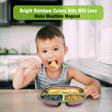 Spaclatio Stainless Steel Kids Plates, Divided Stainless Steel Toddler Baby Plates, Rainbow Non-Toxic Plates For Kids And Toddle