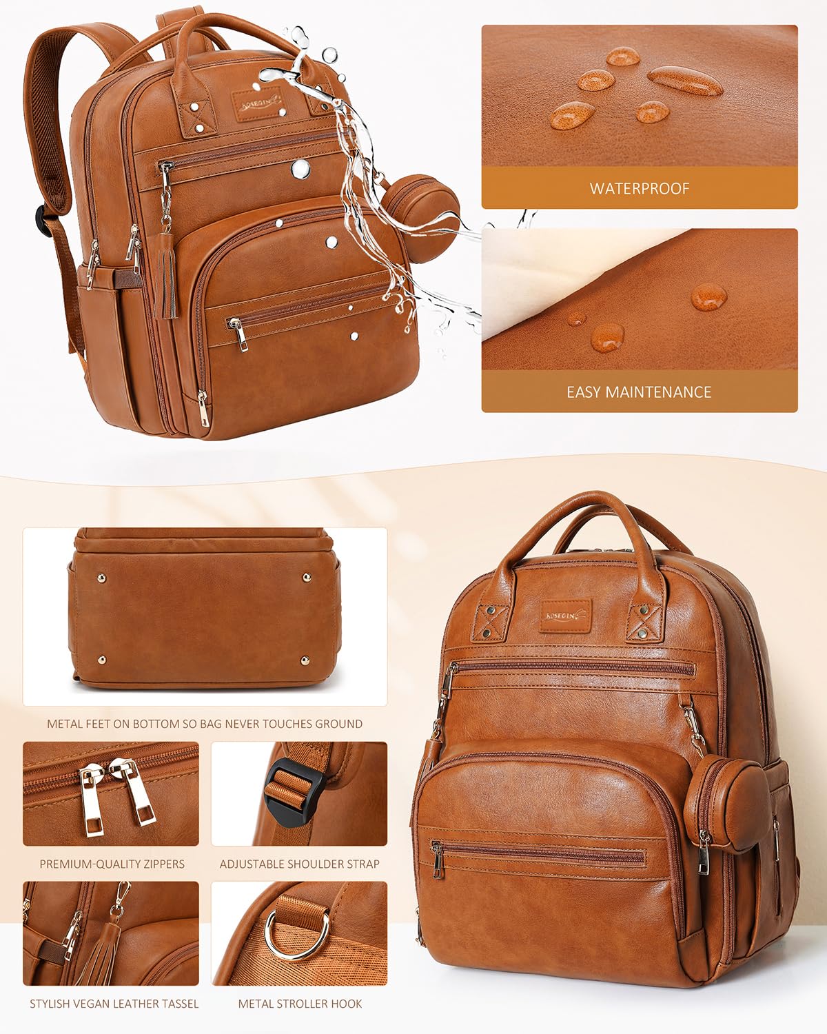 Rosegin Vegan Leather Diaper Bag Backpack With Changing Pad Pacifier Case,Travel Baby Bag For Boy Girl Toddler Mom-Large,Stylish